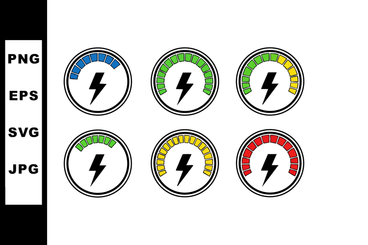 Electric power gauges showing various energy levels in color