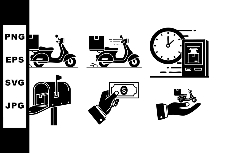 Delivery scooter clock mailbox hand holding money package