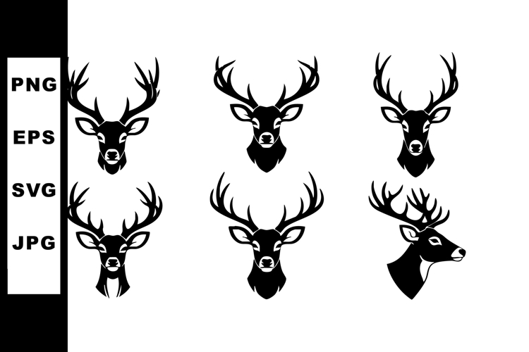 Deer head silhouettes with antlers vector set in black and w
