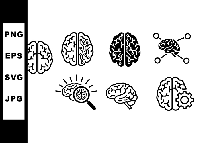 Brain icons set with cognitive functions and mental health c