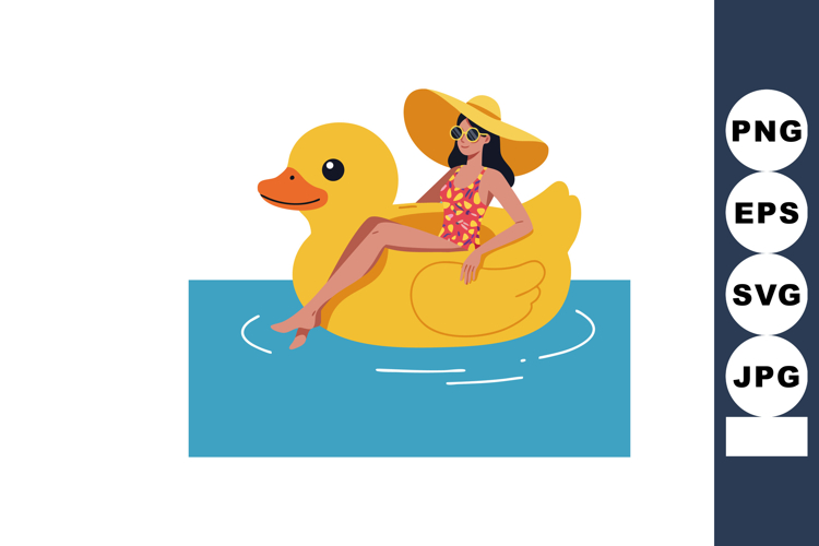 Woman in floral swimsuit relaxing on large yellow duck float