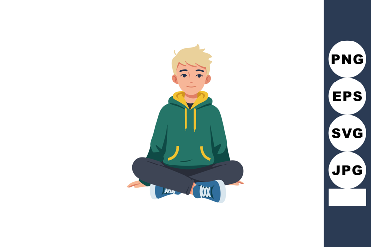 Young boy sitting cross-legged in green hoodie with yellow a