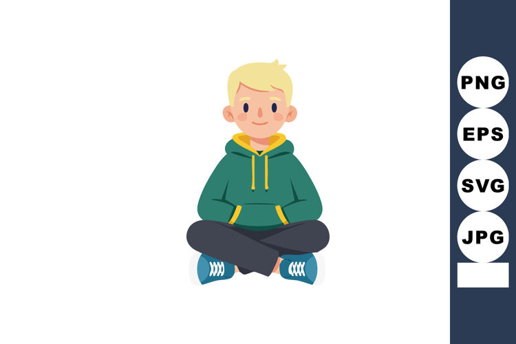 Boy Sitting Cross Legged in Casual Hoodie and Sneakers Vecto