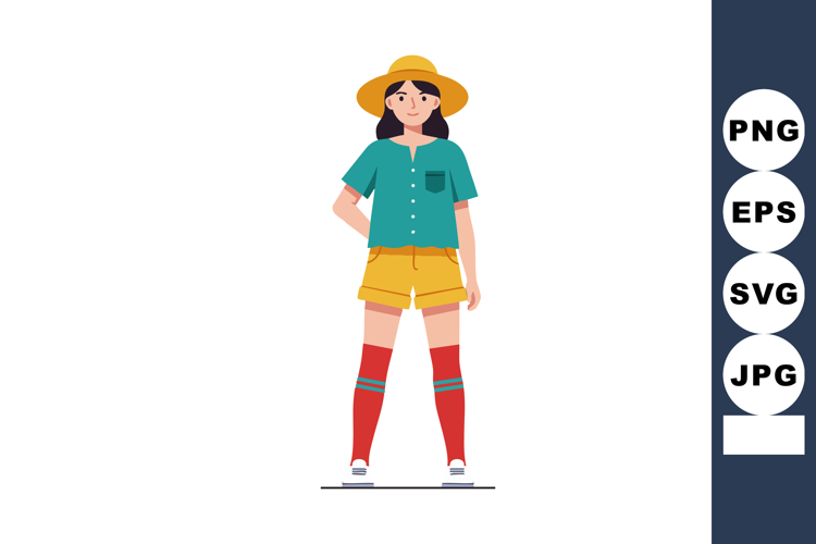 Young woman wearing yellow hat teal shirt yellow shorts and
