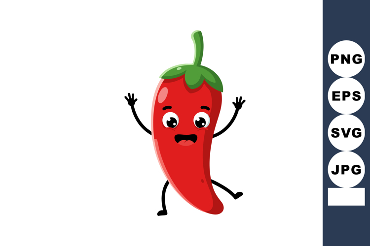Red chili pepper cartoon character with green stem smiling a