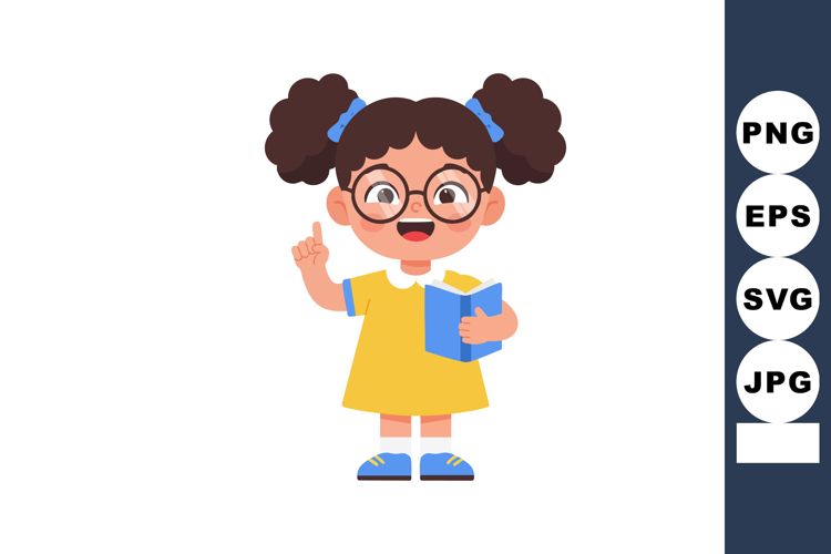 Little girl with glasses holding blue book pointing finger l