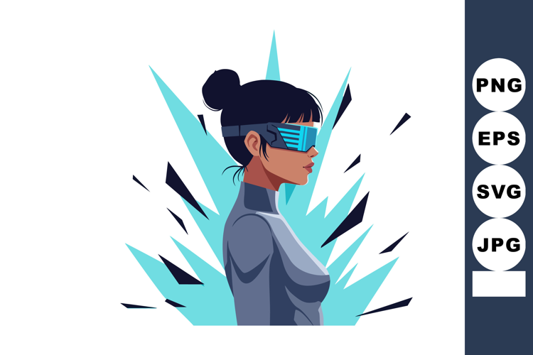 Futuristic woman wearing blue visor glasses with graphic sha