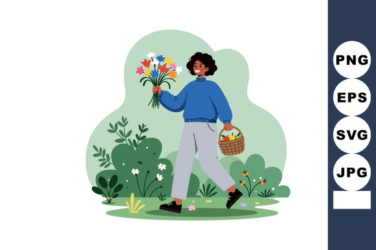 Woman holding colorful flowers bouquet and basket walking in