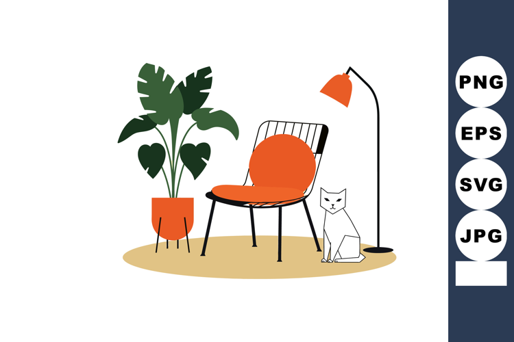 Modern indoor chair with orange cushion and plant next to wh