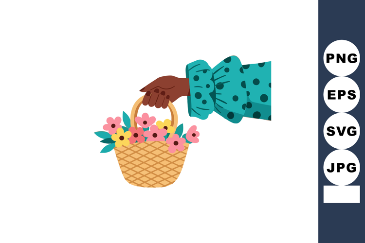 Hand Holding Basket with Colorful Flowers in Polka Dot Sleev