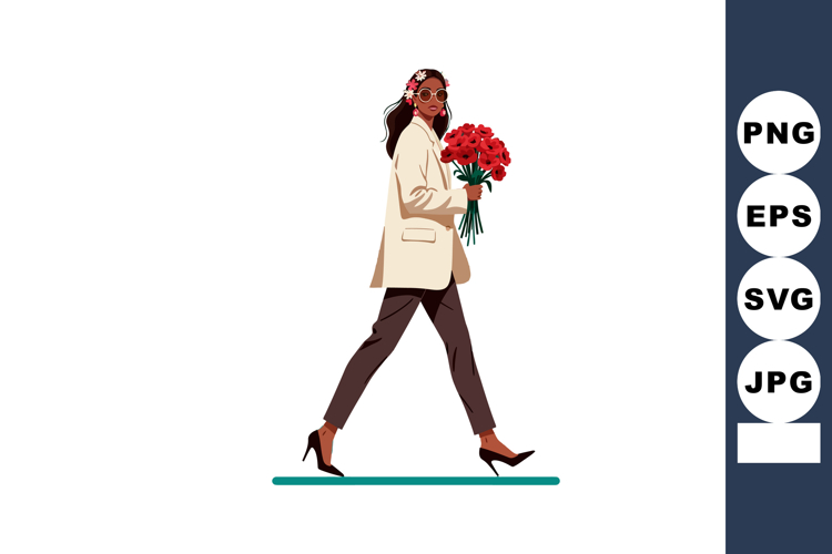 Woman walking with bouquet of red flowers in stylish outfit