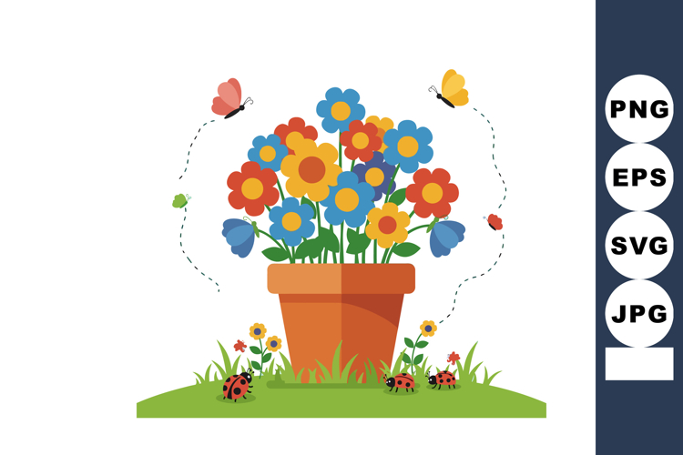 Colorful flower pot with butterflies and ladybugs spring gar