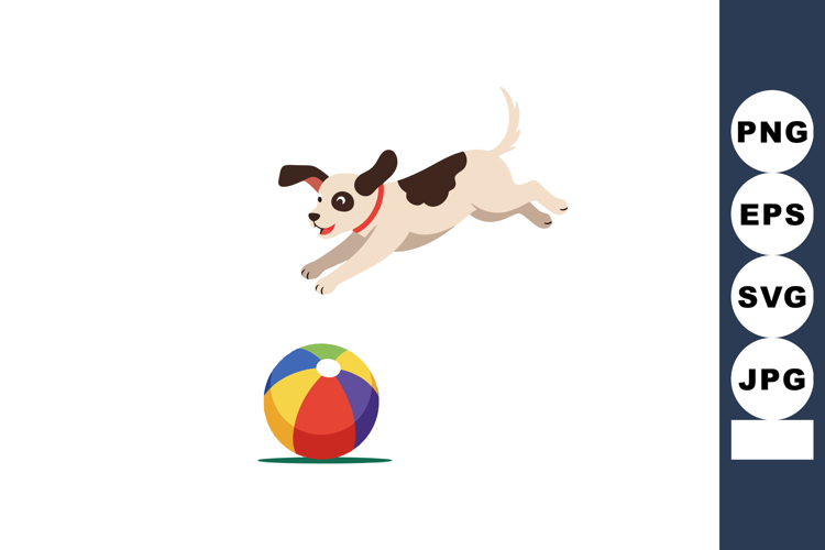 Playful dog jumping after colorful ball in simple vector ill