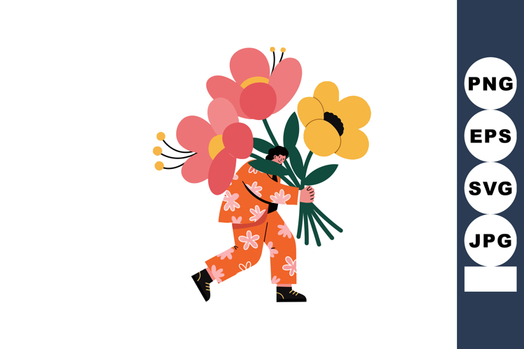 Person carrying large colorful flowers bouquet in floral pat