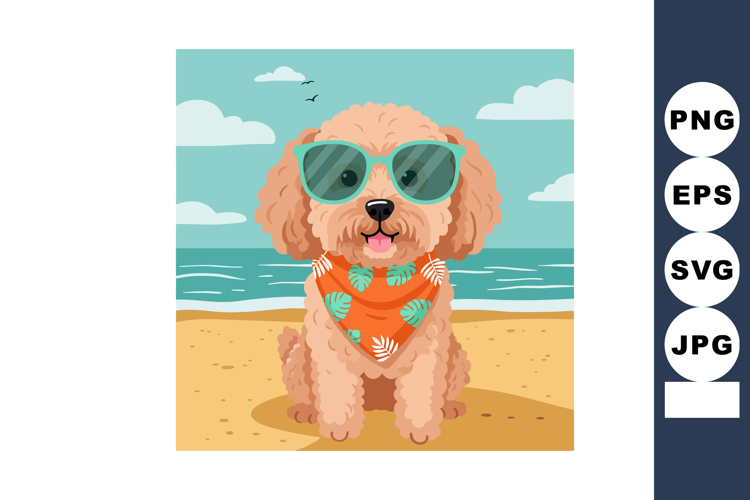 Cute dog with sunglasses and tropical scarf on beach summer example image 1