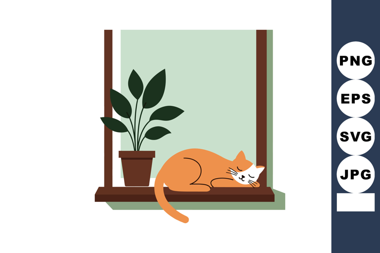 Orange Cat Sleeping on Windowsill Next to Potted Plant Calm