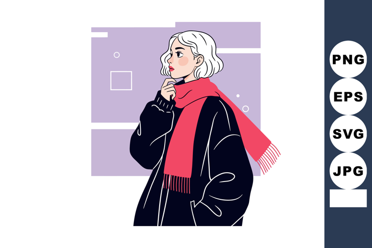 Woman with white hair wearing black coat and red scarf thoug