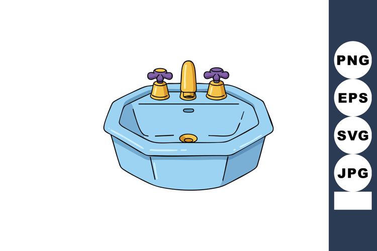 Blue bathroom sink with yellow faucet and purple handles vec