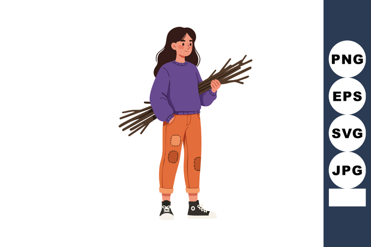Young woman holding bundle of sticks in casual clothing with