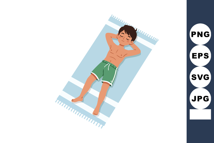 Boy resting on towel with eyes closed wearing green shorts r