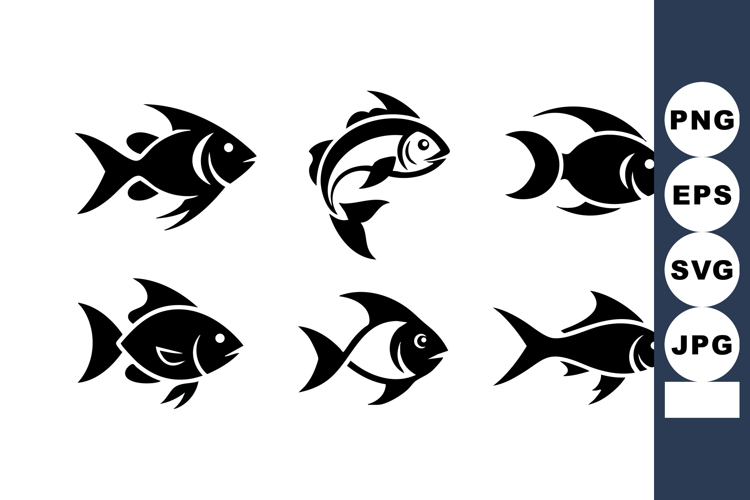 Fish silhouettes vector with six different black fish shape