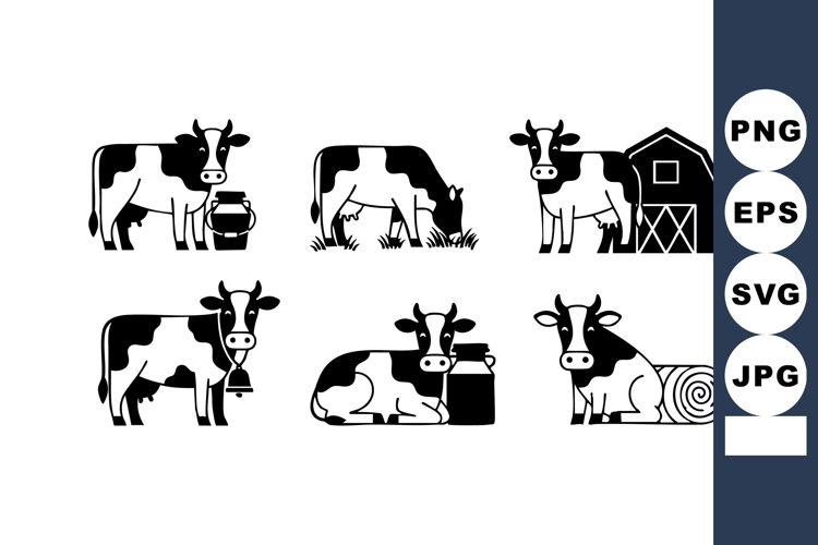 Dairy cow farm animals grazing and resting with barn and mil