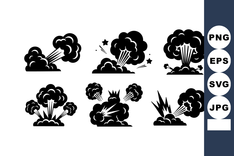 Explosion icons with different blast shapes and smoke cloud