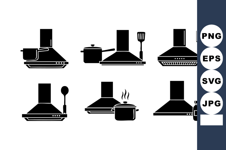 Kitchen stove hood icons collection with cooking pots and ut