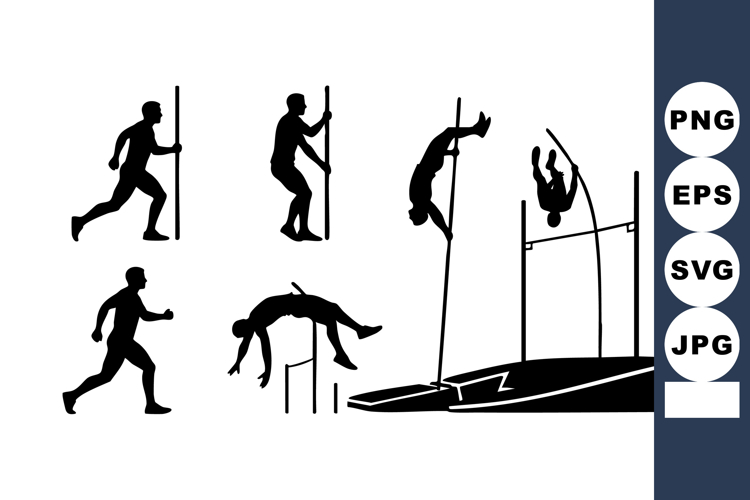 Pole vault athlete performing various stages of jump with po