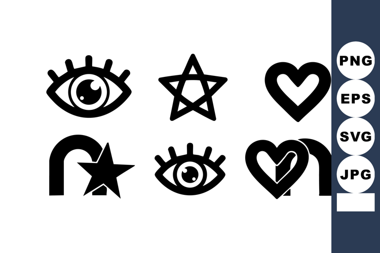 Eye star heart icons with curved arrows for design use in v