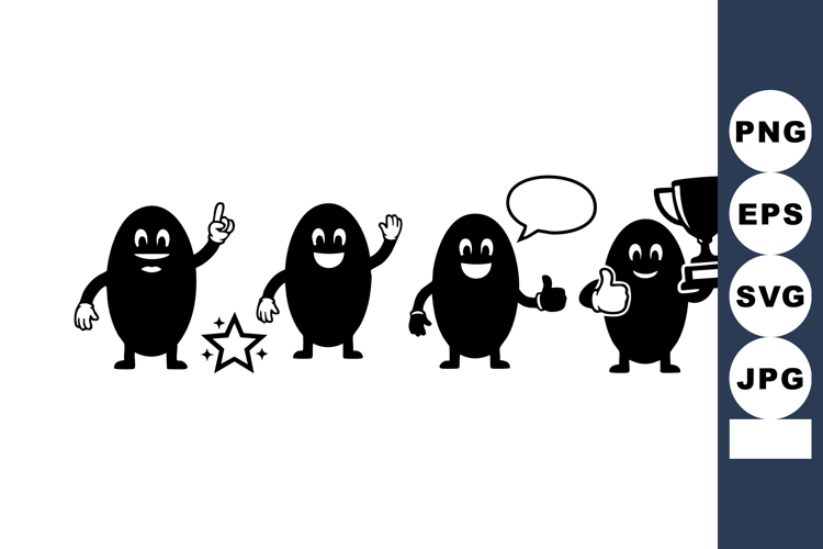 Cartoon black bean characters celebrating success with troph