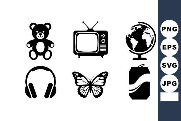 Toy bear, vintage television, globe, headphones, butterfly,