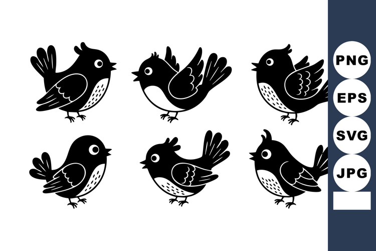 Cartoon black birds with white bellies in various flying and