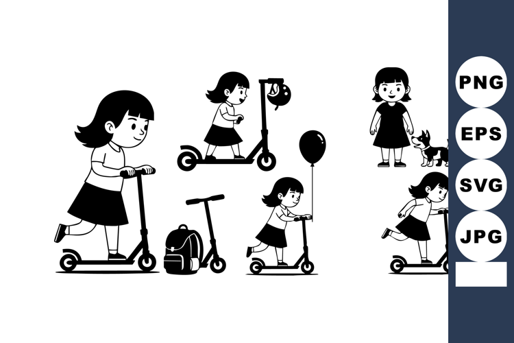 Girl riding scooter playing with balloon and dog in playful