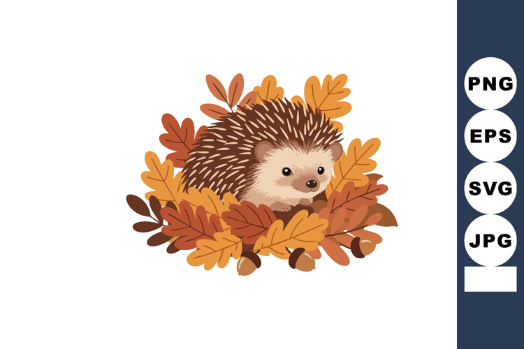 Hedgehog resting among autumn leaves with acorns seasonal fo
