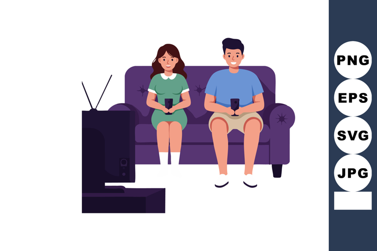 Couple sitting on purple sofa watching television holding wi