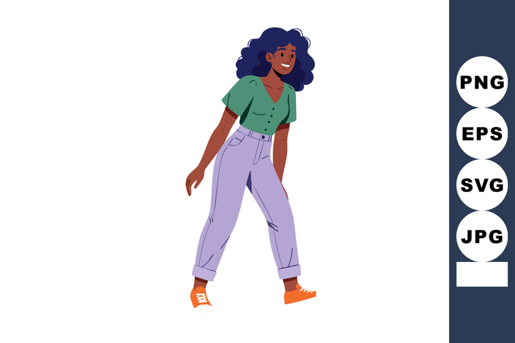 Woman walking casual outfit smiling happy young adult with c