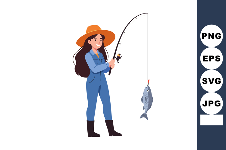 Woman fishing with rod catching large fish wearing blue over