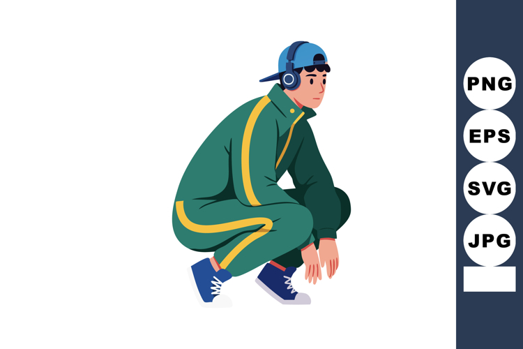 Young man in green tracksuit and blue cap listening to music