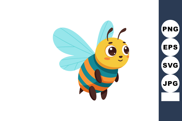 Cute flying bee cartoon with blue wings and striped body in