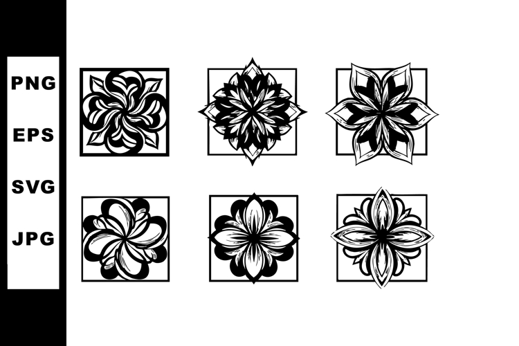 Floral ornamental square design elements set with black and