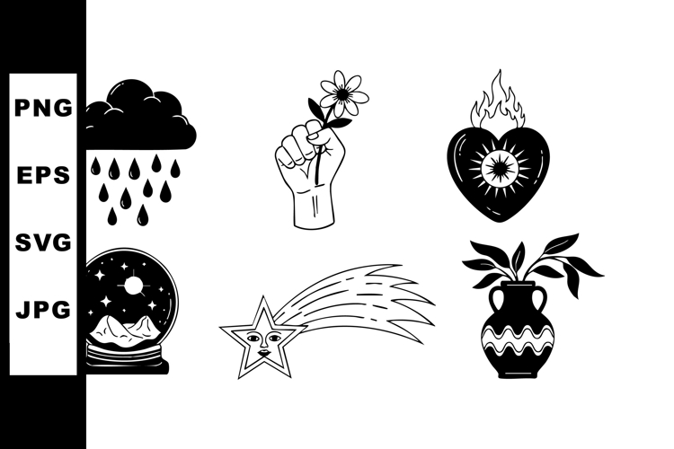 Weather symbols with hand holding flower, heart flame, snow