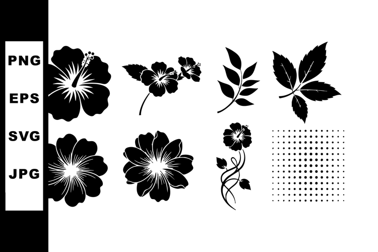 Hibiscus flower vector set with leaf and dotted pattern desi