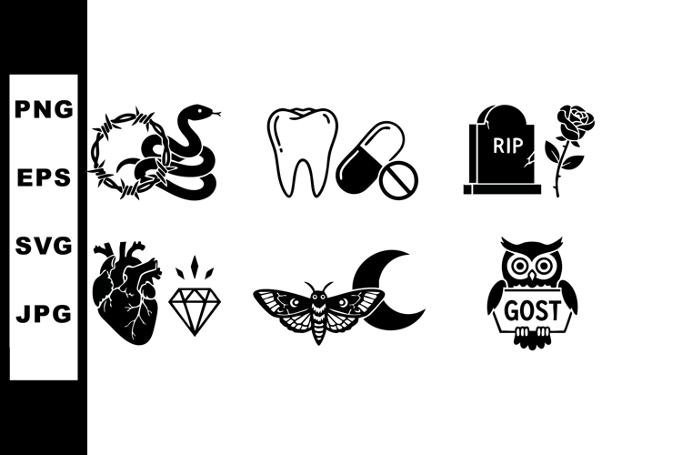 Gothic black icons set including snake, tooth, pills, graves