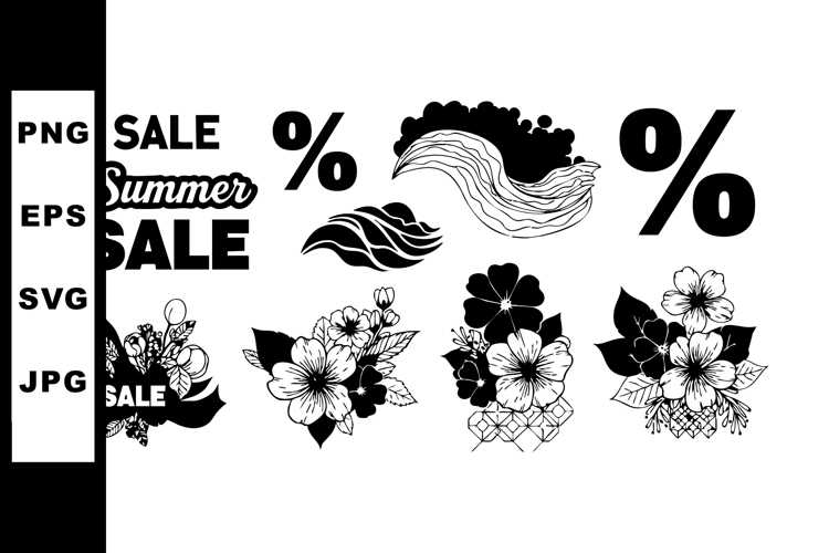 Summer sale black and white floral elements with percentage