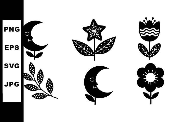 Black silhouette floral and moon vector set with leaves and