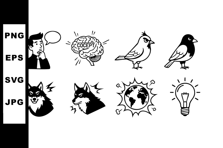 Human Brain Concept Thinking Bird and Wolf Icon Set Vector I
