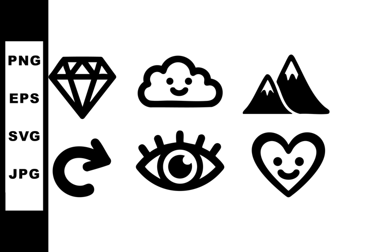 Simple black and white vector icons of diamond cloud mountai