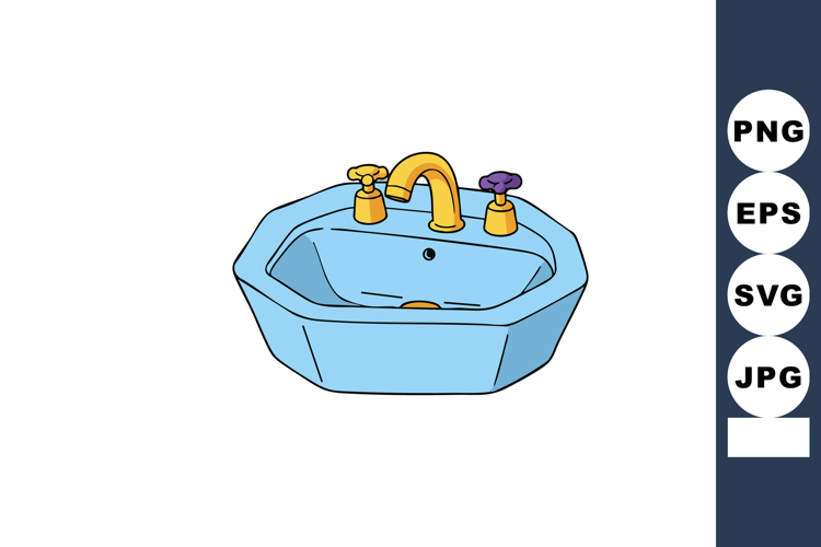 Blue sink with gold faucet and hot cold taps vector illustra