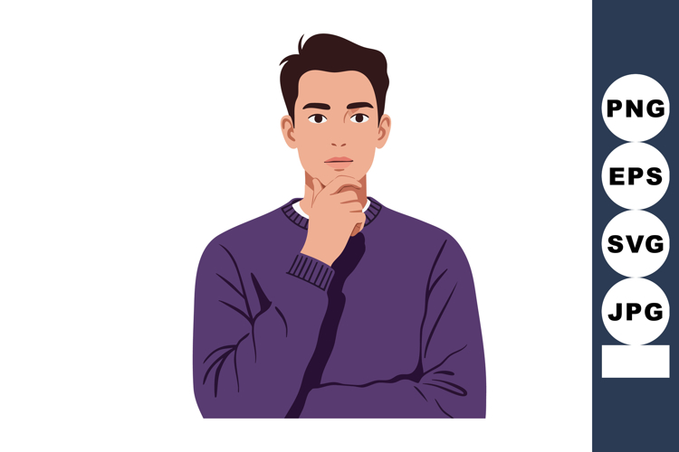 Young man thinking with hand on chin wearing purple sweater
